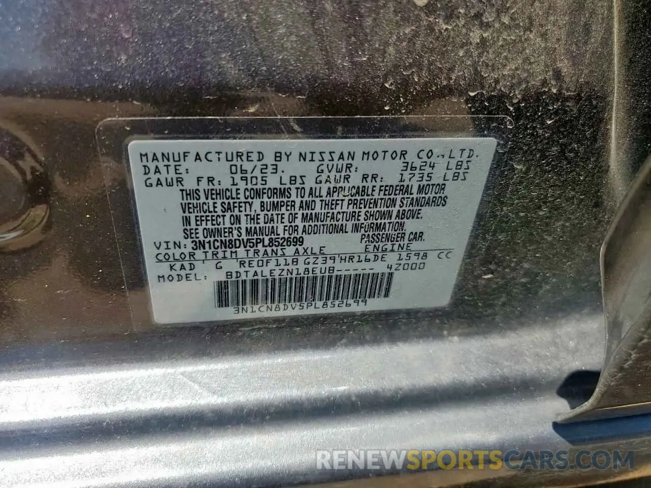 12 fotografías del automóvil dañado 3N1CN8DV5PL852699 NISSAN VERSA 2023