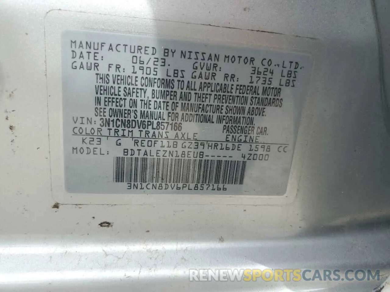 13 fotografías del automóvil dañado 3N1CN8DV6PL857166 NISSAN VERSA 2023