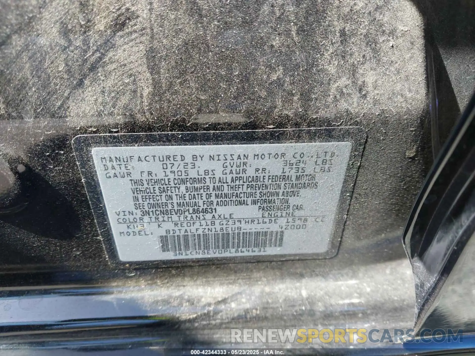 9 fotografías del automóvil dañado 3N1CN8EV0PL864631 NISSAN VERSA 2023