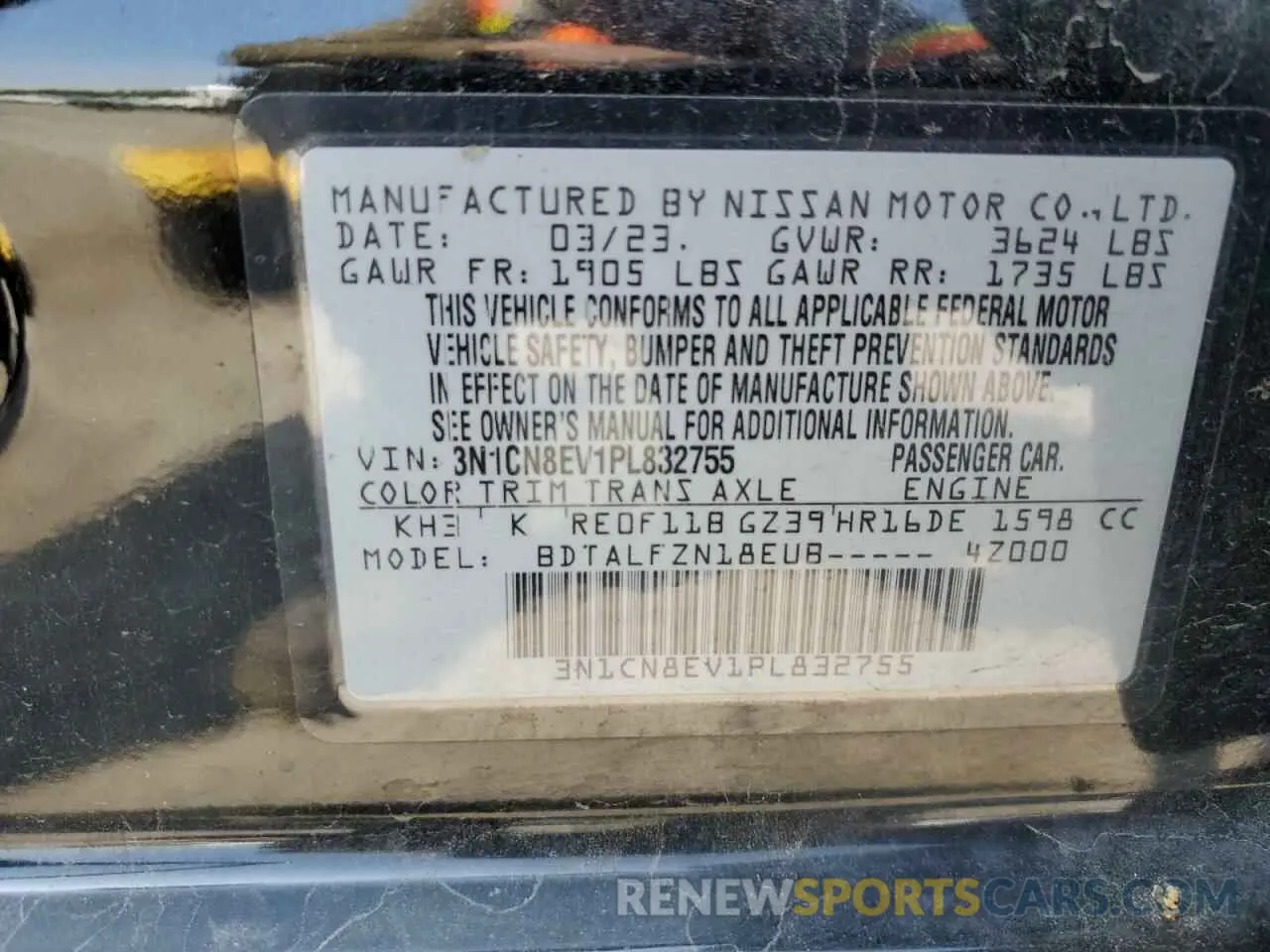 12 fotografías del automóvil dañado 3N1CN8EV1PL832755 NISSAN VERSA 2023
