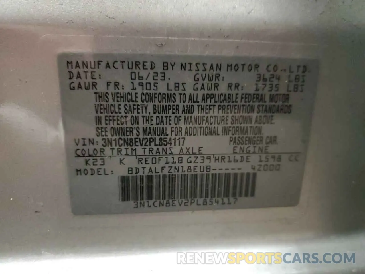 12 fotografías del automóvil dañado 3N1CN8EV2PL854117 NISSAN VERSA 2023