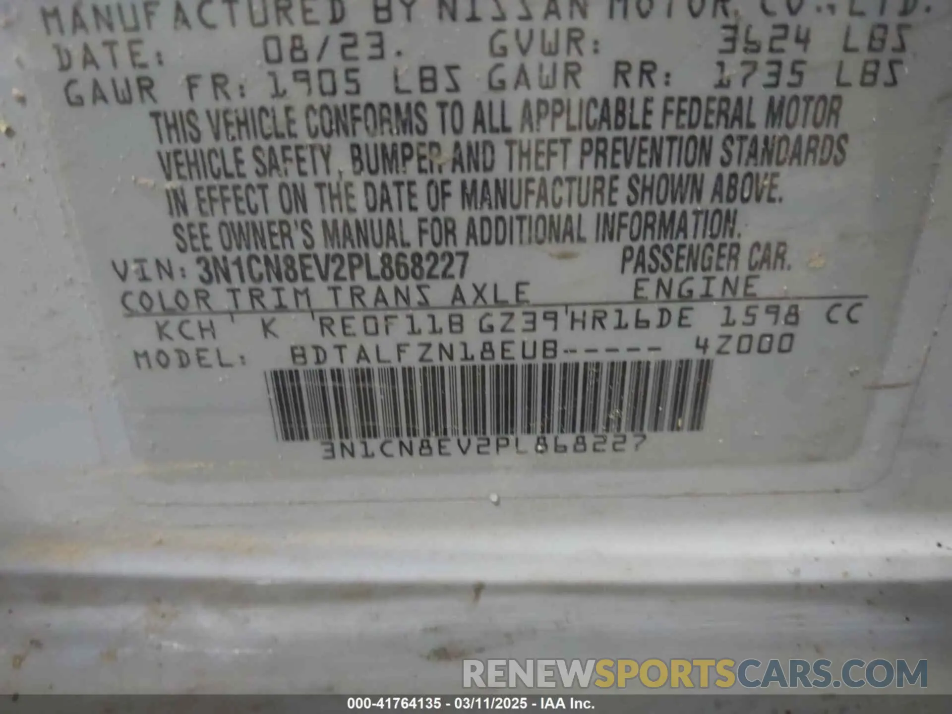 9 fotografías del automóvil dañado 3N1CN8EV2PL868227 NISSAN VERSA 2023