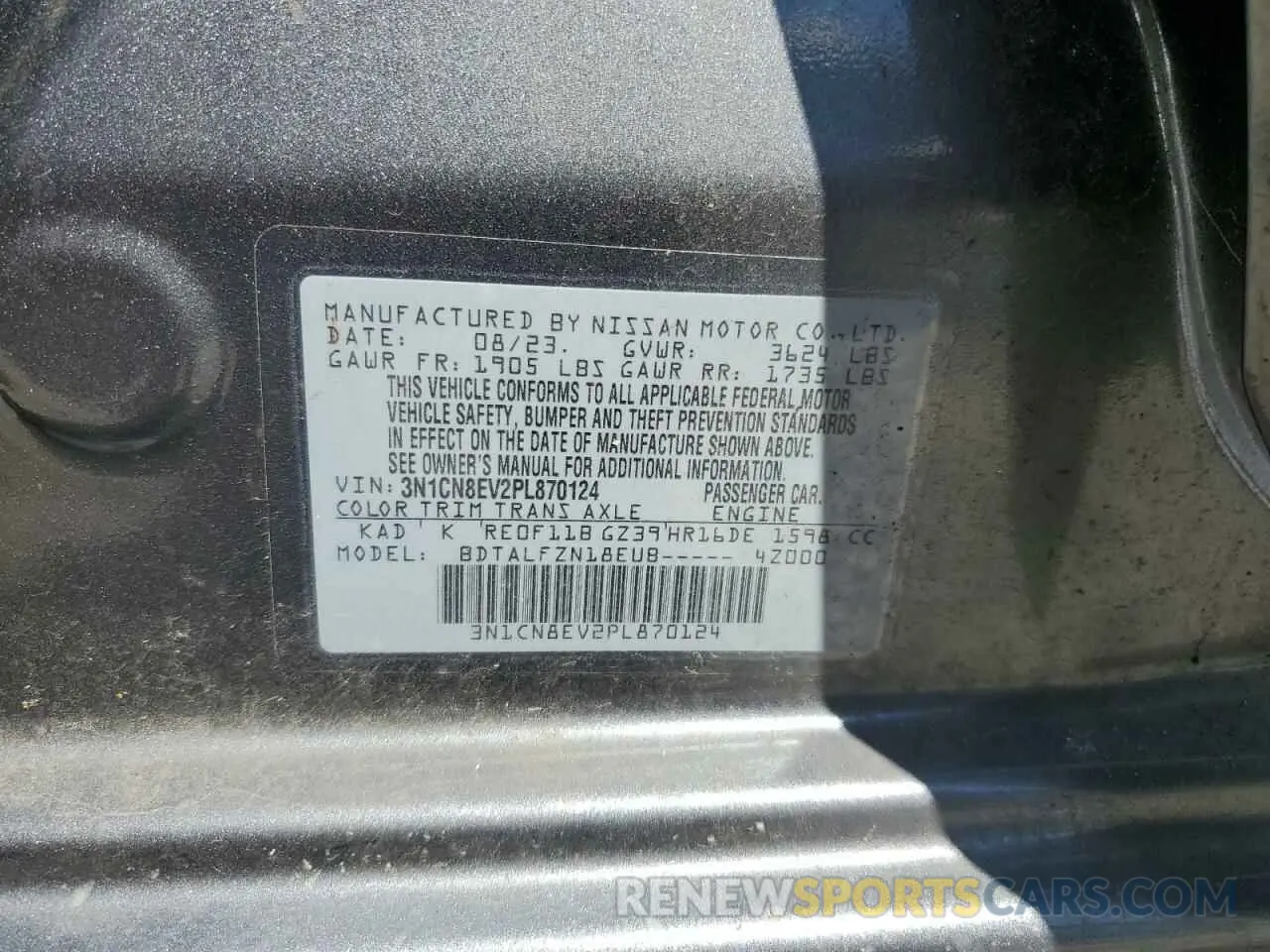 13 fotografías del automóvil dañado 3N1CN8EV2PL870124 NISSAN VERSA 2023