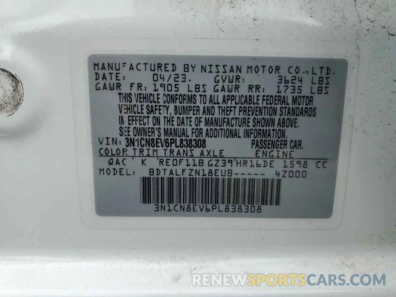 12 fotografías del automóvil dañado 3N1CN8EV6PL838308 NISSAN VERSA 2023