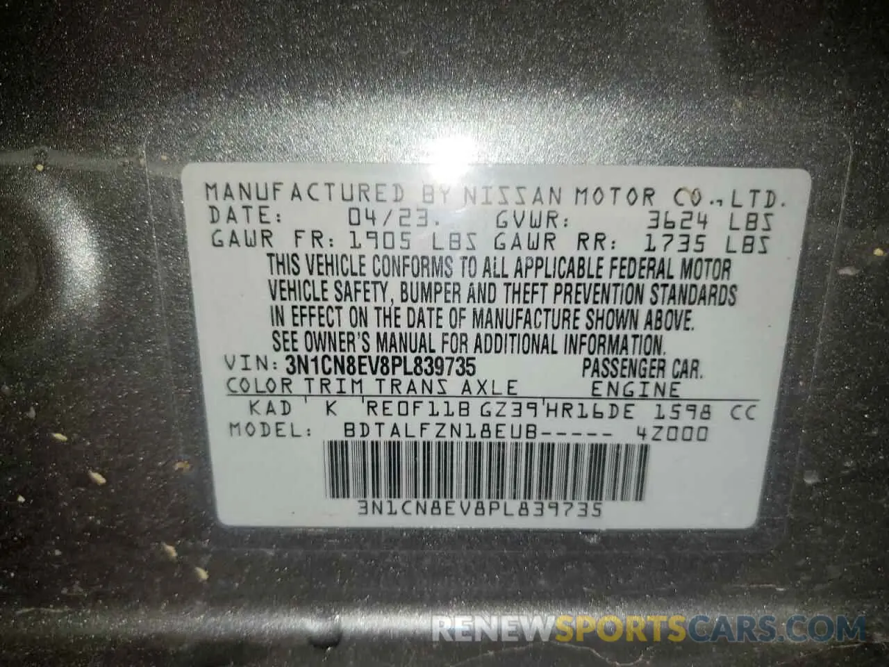 12 fotografías del automóvil dañado 3N1CN8EV8PL839735 NISSAN VERSA 2023