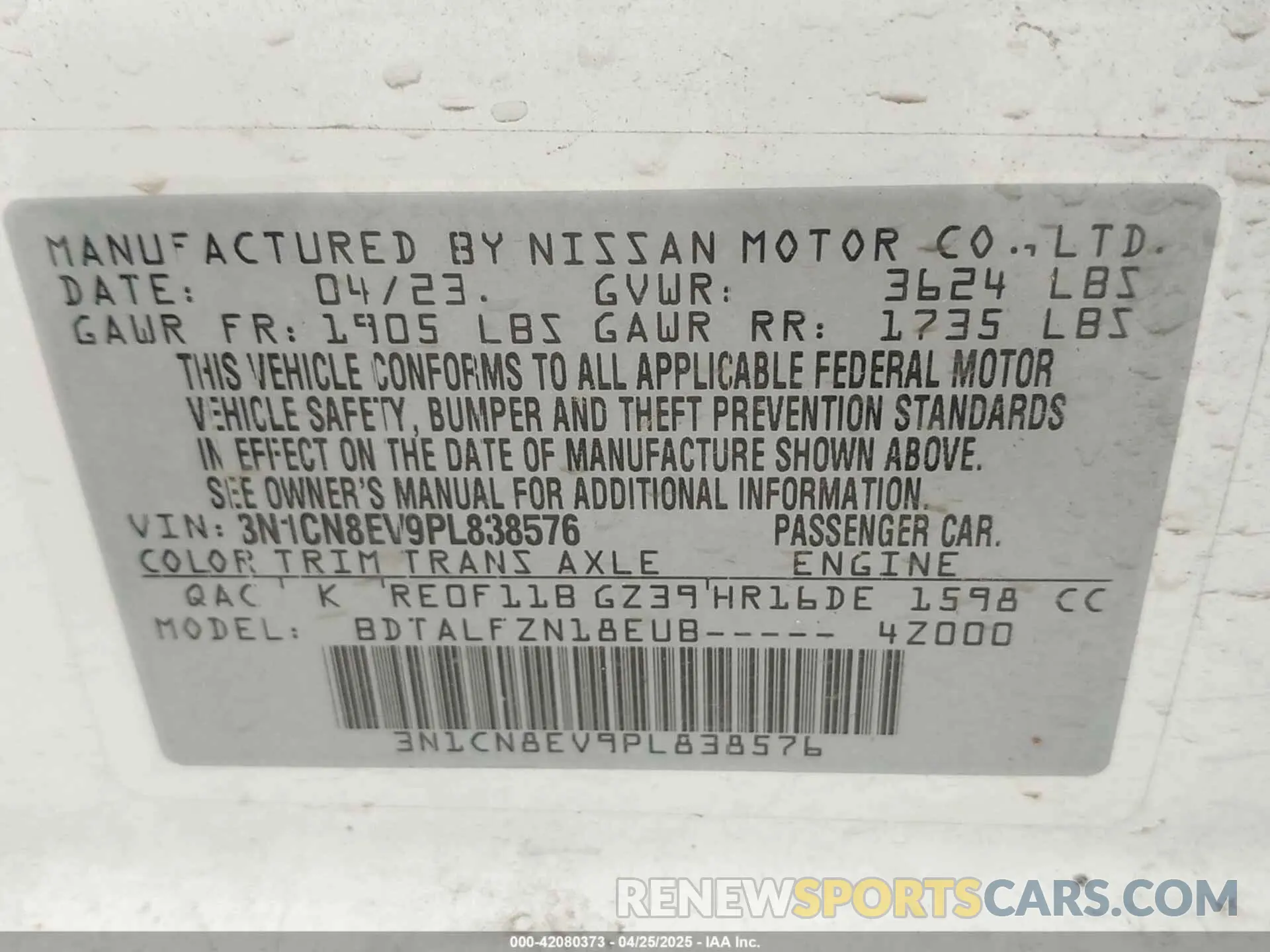 9 fotografías del automóvil dañado 3N1CN8EV9PL838576 NISSAN VERSA 2023