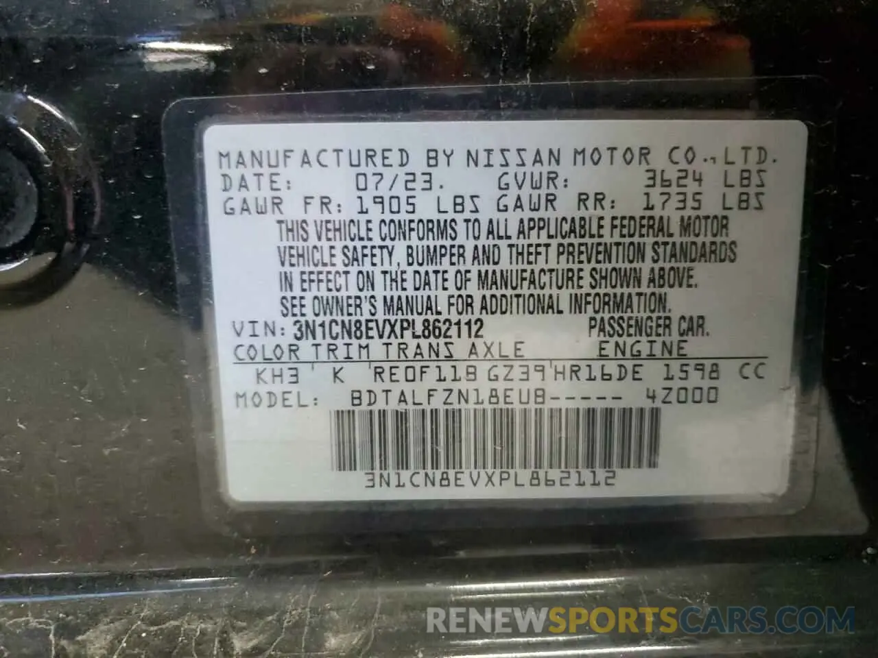 12 fotografías del automóvil dañado 3N1CN8EVXPL862112 NISSAN VERSA 2023