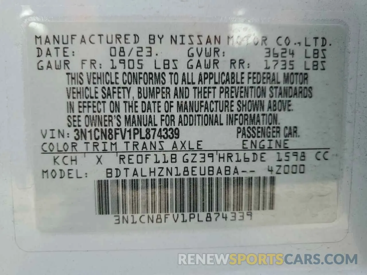 12 fotografías del automóvil dañado 3N1CN8FV1PL874339 NISSAN VERSA 2023