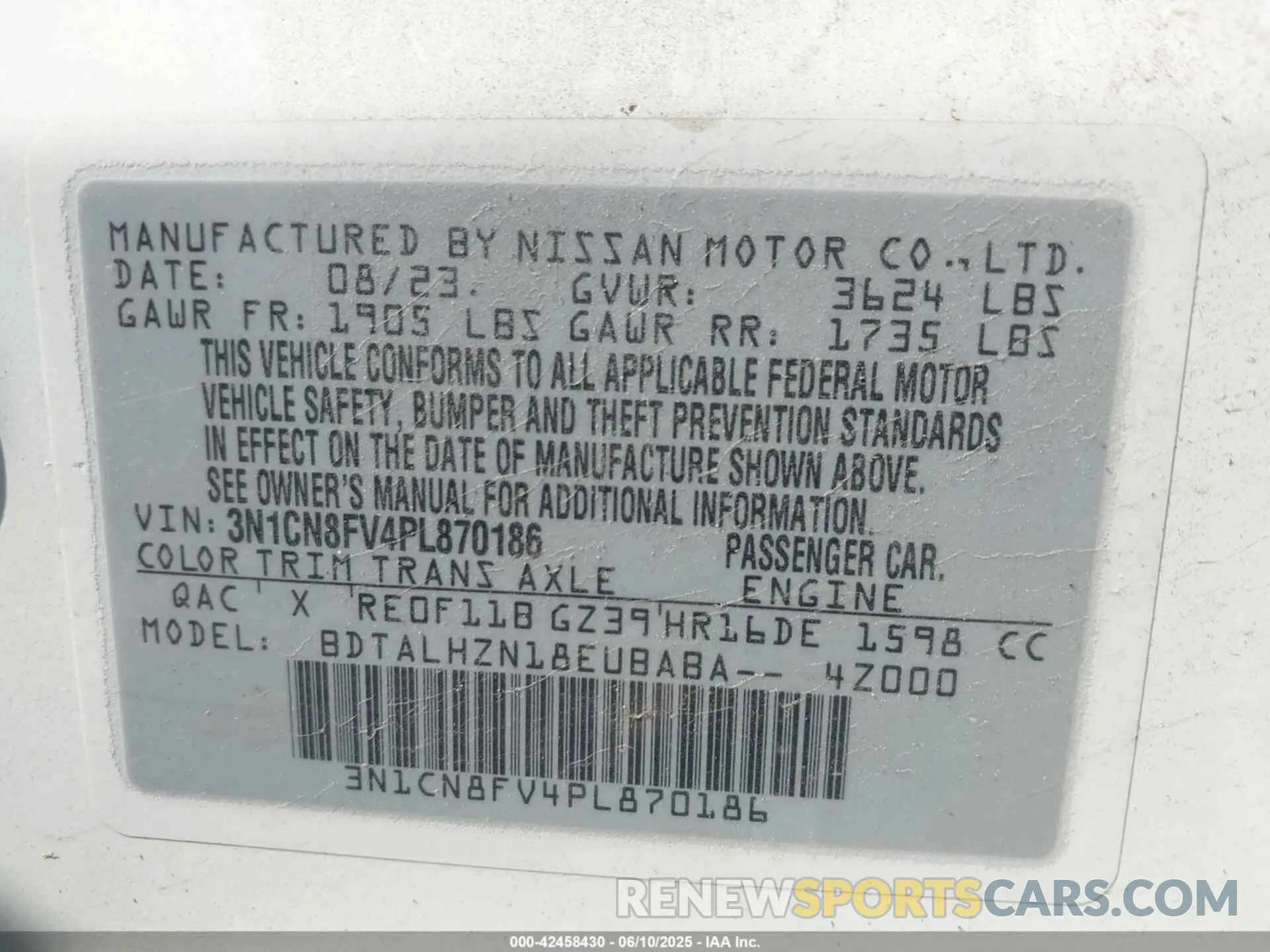 9 fotografías del automóvil dañado 3N1CN8FV4PL870186 NISSAN VERSA 2023