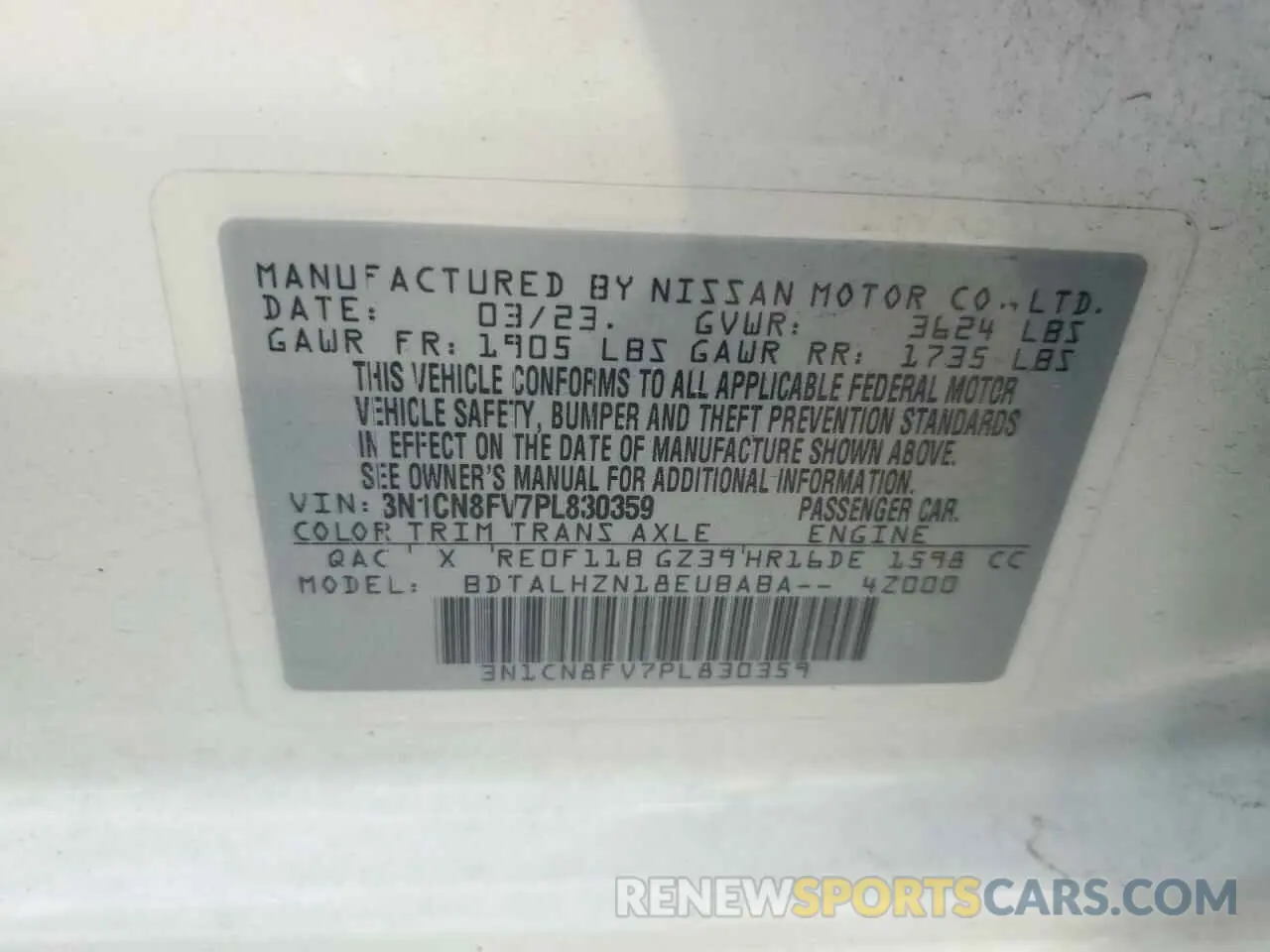 12 fotografías del automóvil dañado 3N1CN8FV7PL830359 NISSAN VERSA 2023
