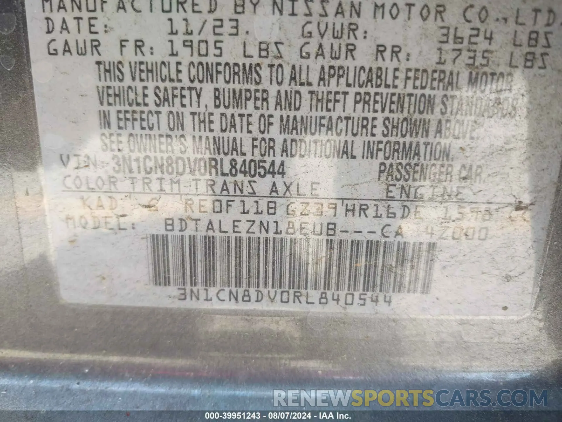 9 fotografías del automóvil dañado 3N1CN8DV0RL840544 NISSAN VERSA 2024