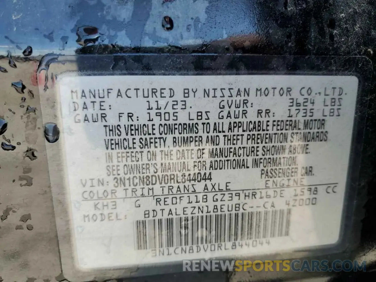 12 fotografías del automóvil dañado 3N1CN8DV0RL844044 NISSAN VERSA 2024