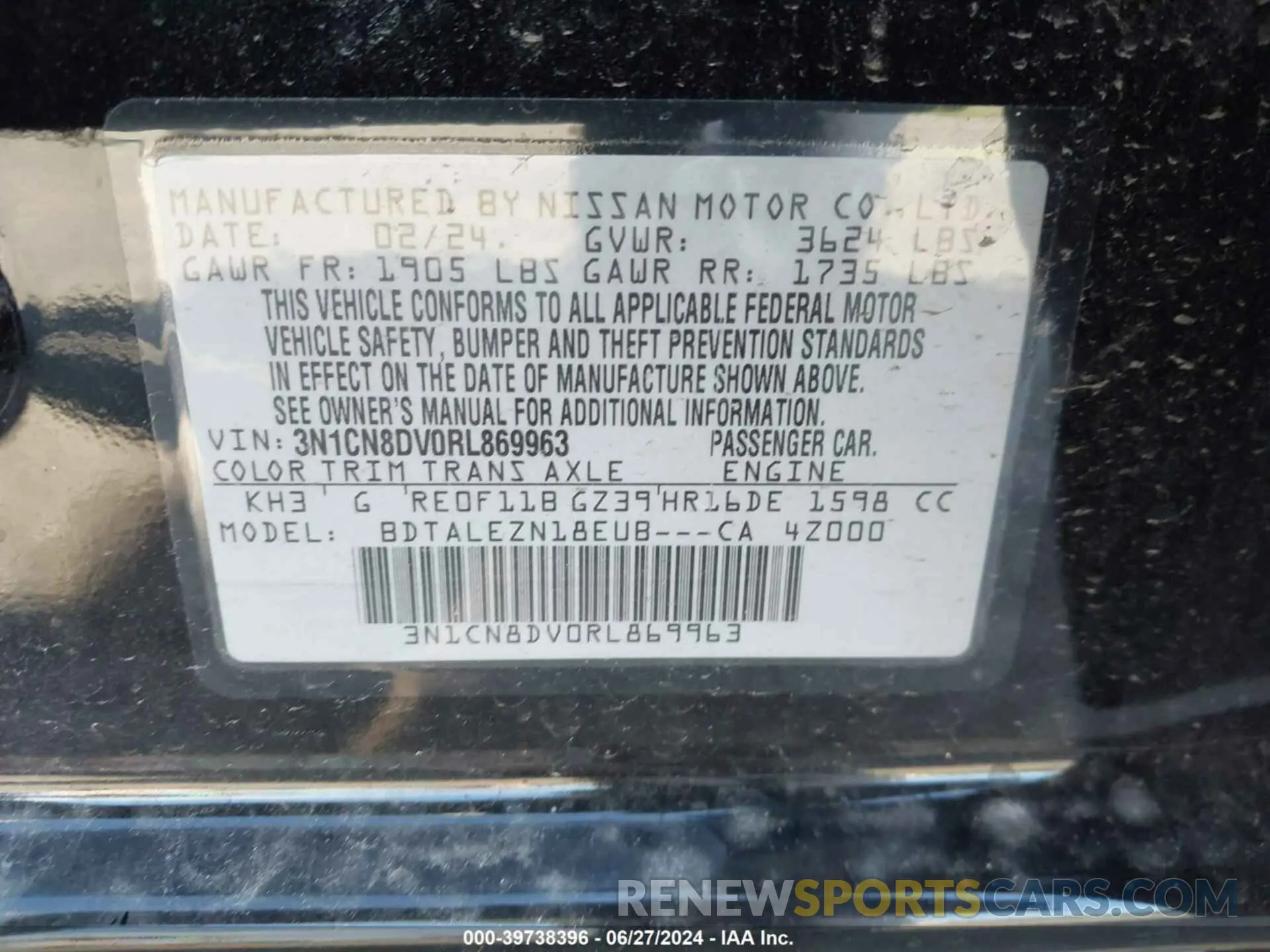 9 fotografías del automóvil dañado 3N1CN8DV0RL869963 NISSAN VERSA 2024