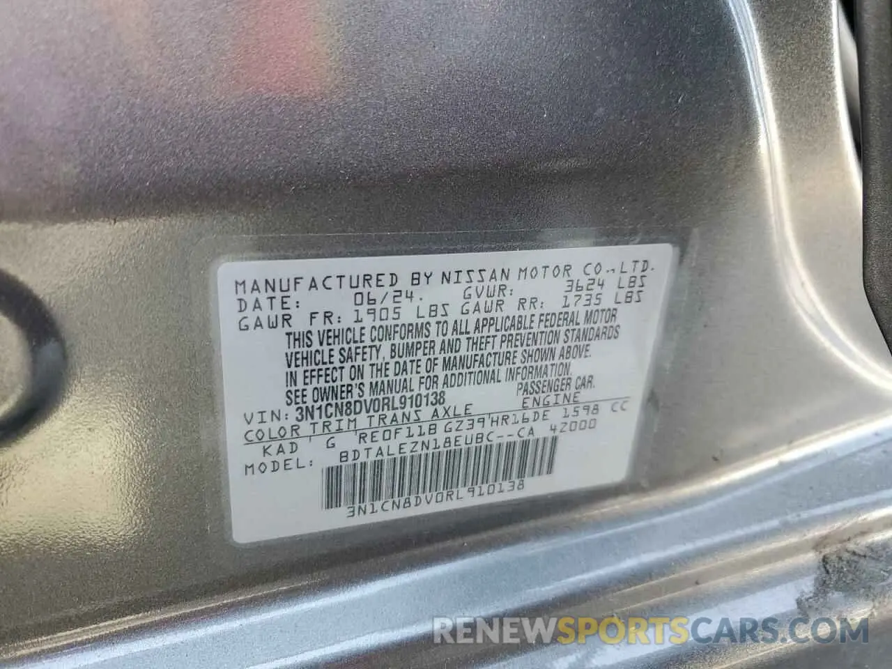 12 fotografías del automóvil dañado 3N1CN8DV0RL910138 NISSAN VERSA 2024