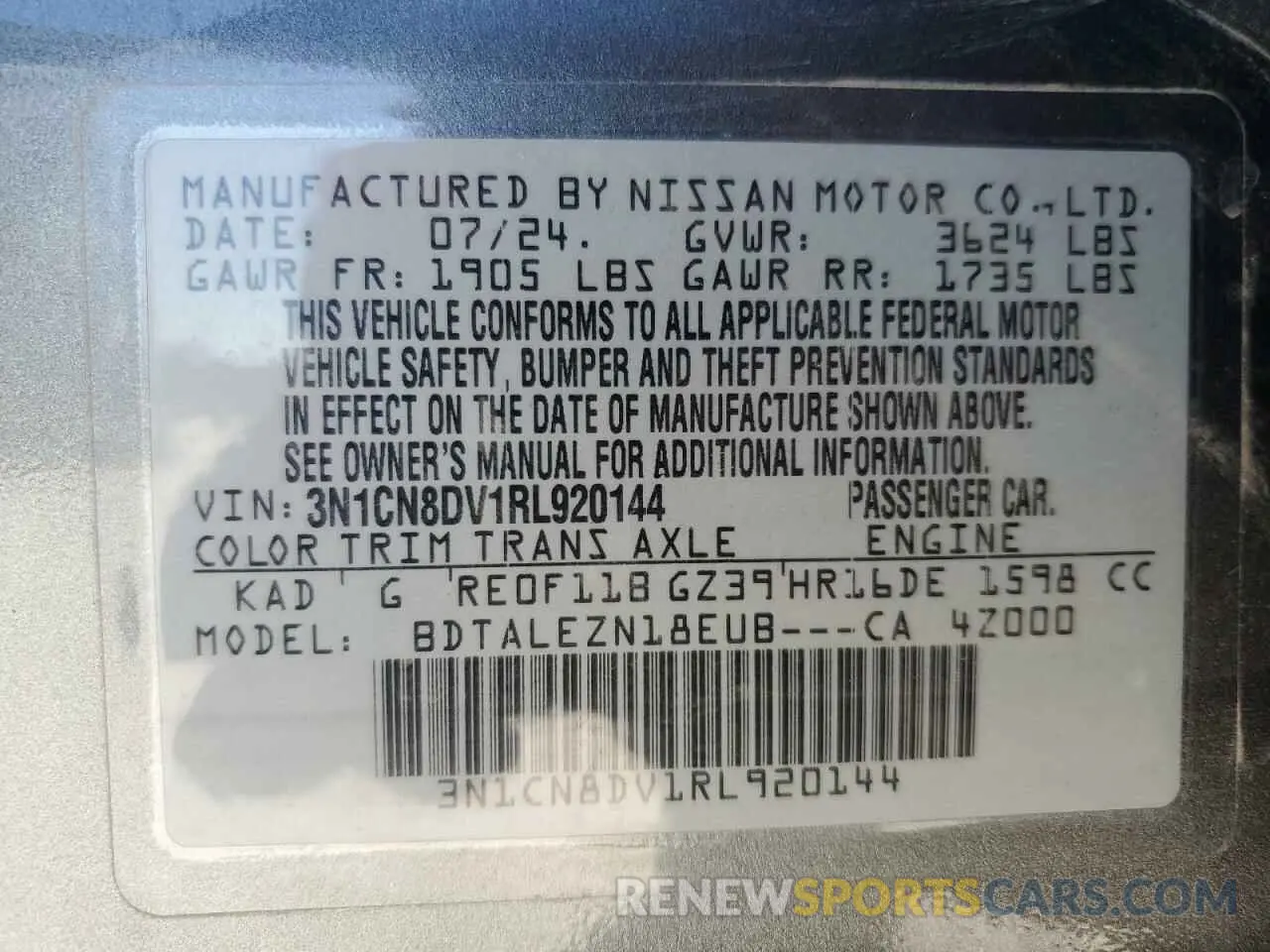 13 fotografías del automóvil dañado 3N1CN8DV1RL920144 NISSAN VERSA 2024