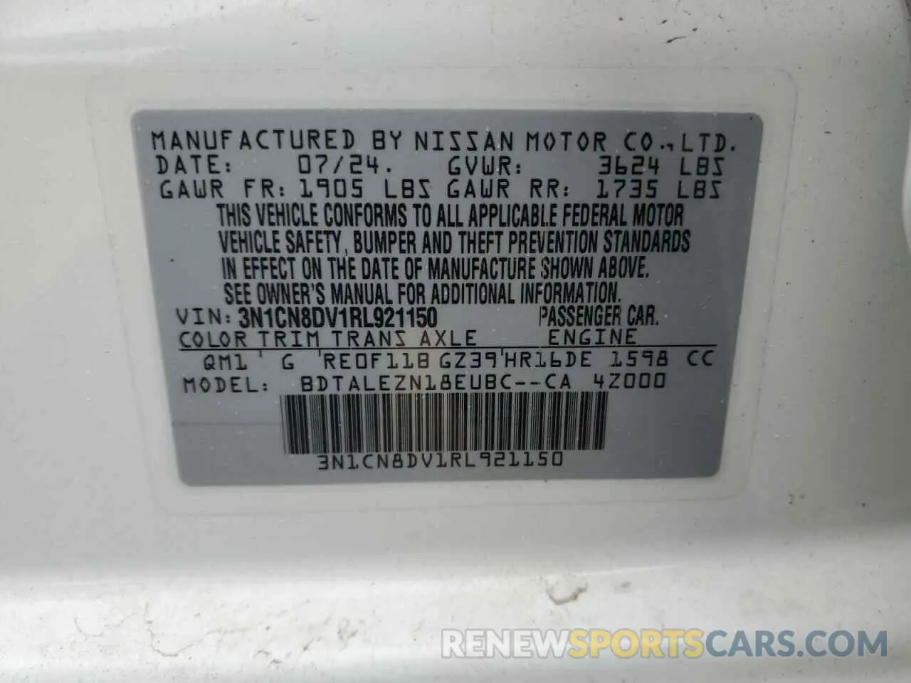 12 fotografías del automóvil dañado 3N1CN8DV1RL921150 NISSAN VERSA 2024
