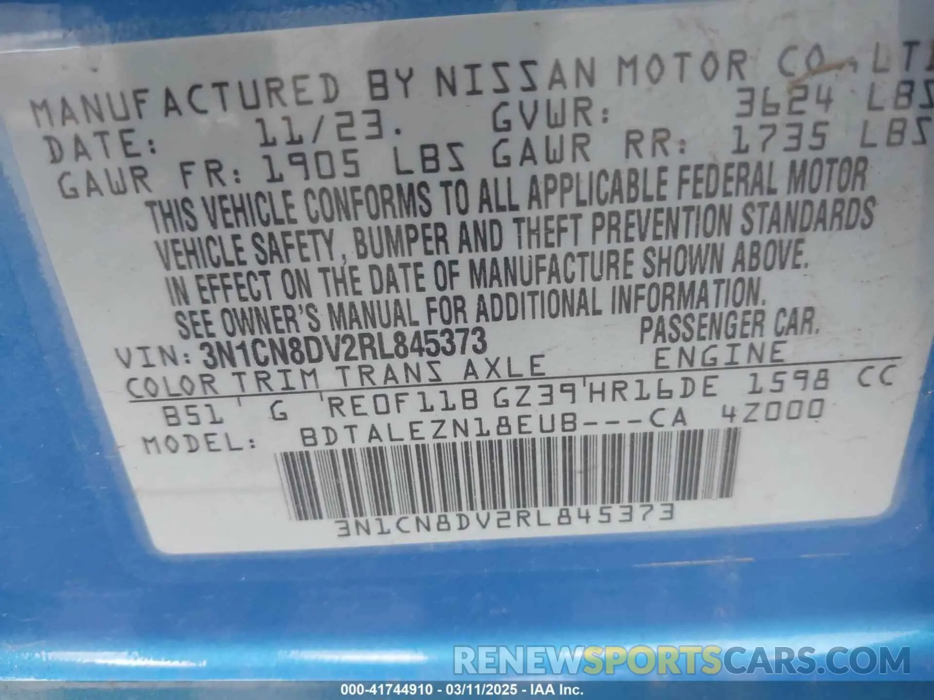 9 fotografías del automóvil dañado 3N1CN8DV2RL845373 NISSAN VERSA 2024