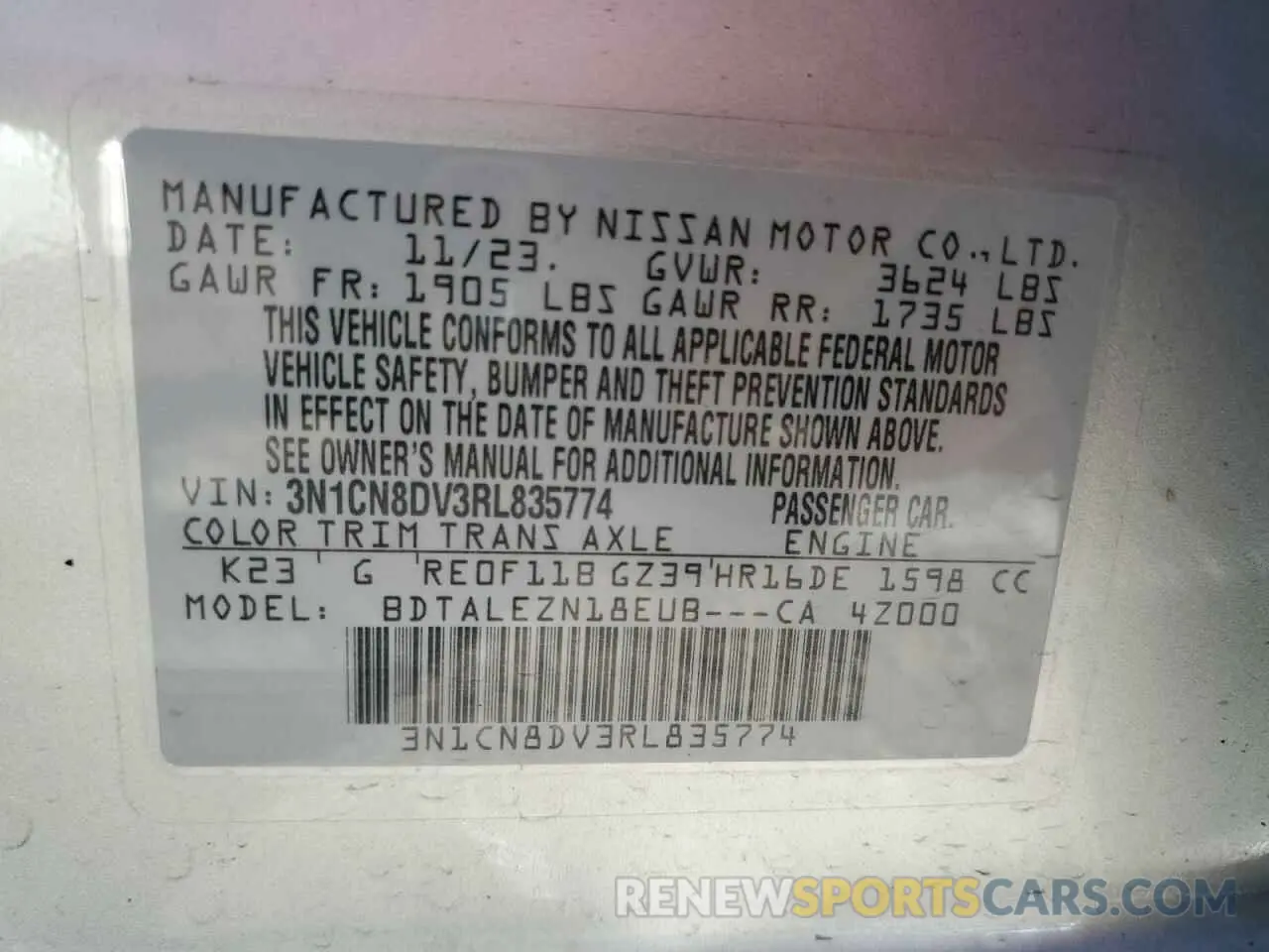 13 fotografías del automóvil dañado 3N1CN8DV3RL835774 NISSAN VERSA 2024