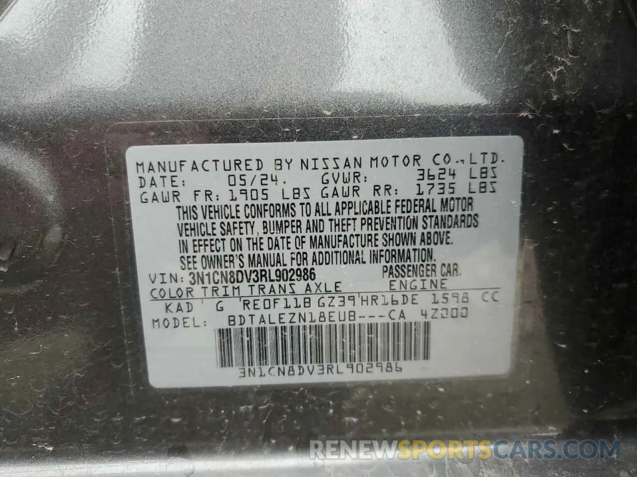 12 fotografías del automóvil dañado 3N1CN8DV3RL902986 NISSAN VERSA 2024