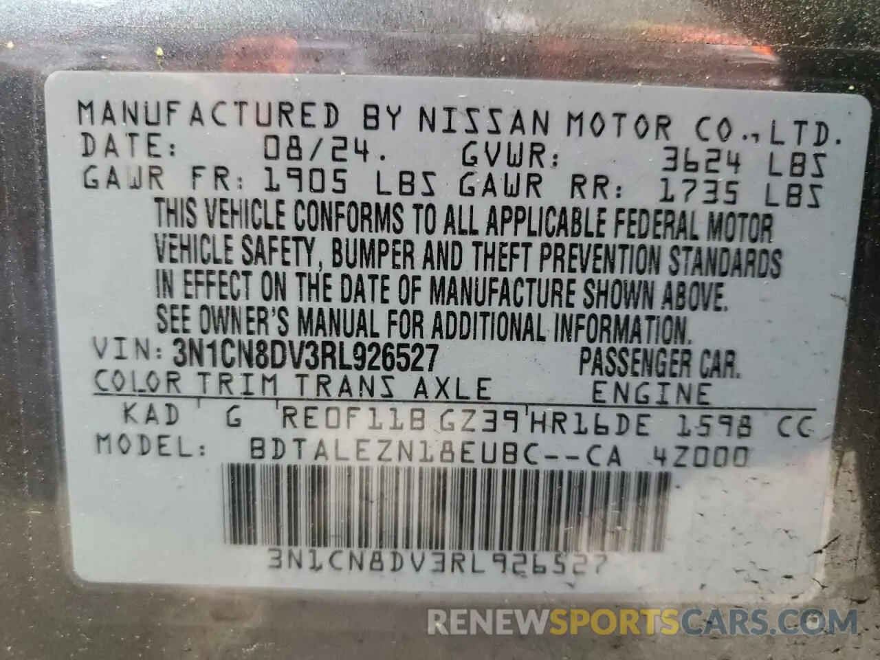12 fotografías del automóvil dañado 3N1CN8DV3RL926527 NISSAN VERSA 2024