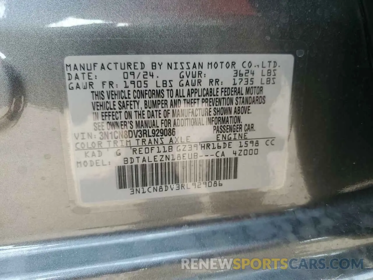 12 fotografías del automóvil dañado 3N1CN8DV3RL929086 NISSAN VERSA 2024