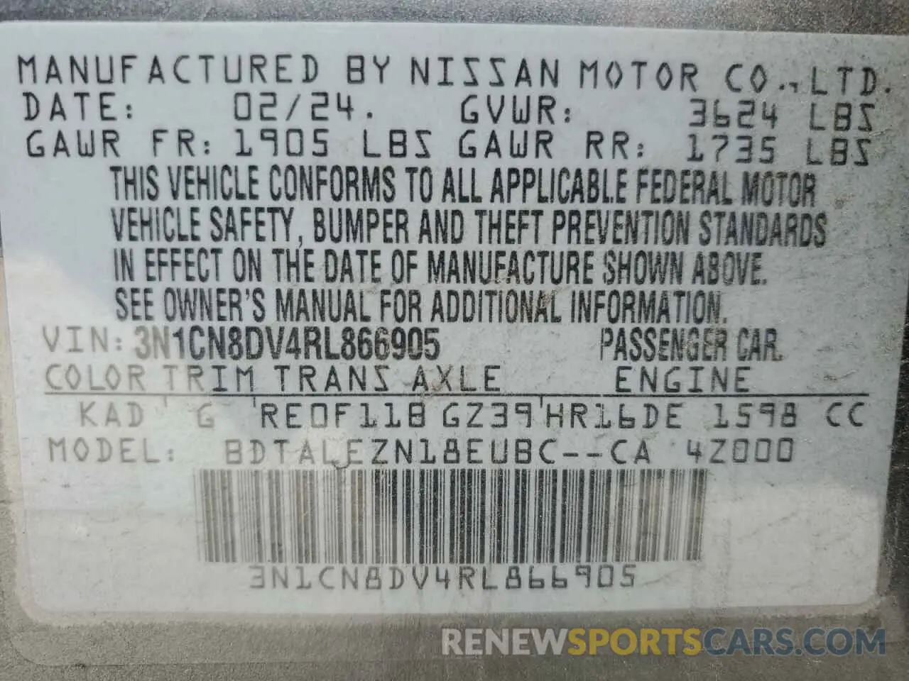 14 fotografías del automóvil dañado 3N1CN8DV4RL866905 NISSAN VERSA 2024