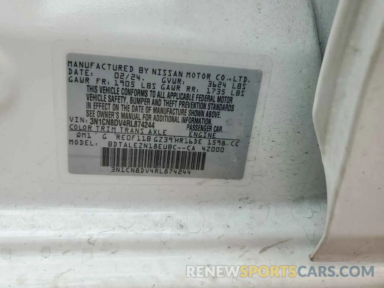 14 fotografías del automóvil dañado 3N1CN8DV4RL874244 NISSAN VERSA 2024