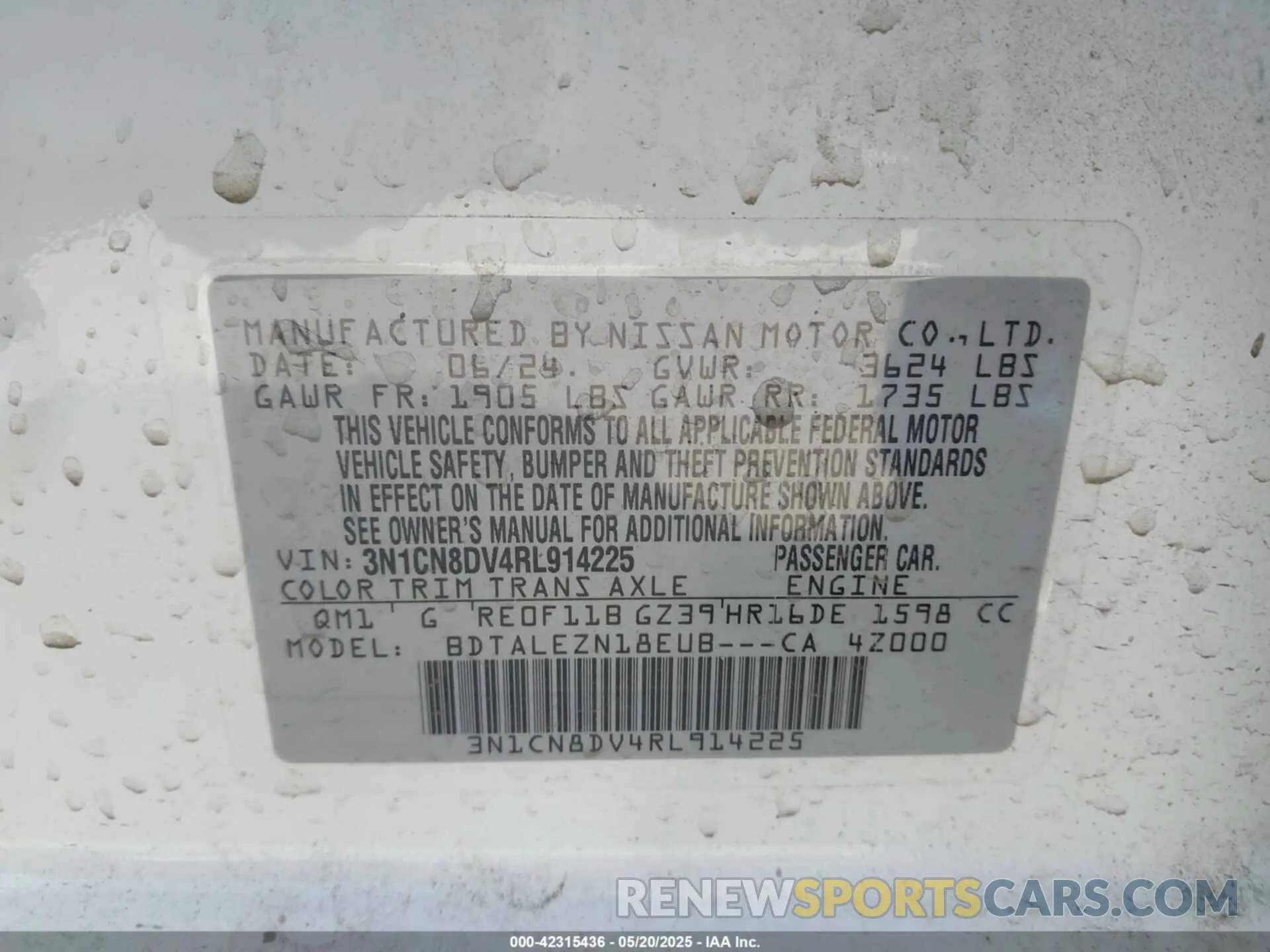 9 fotografías del automóvil dañado 3N1CN8DV4RL914225 NISSAN VERSA 2024