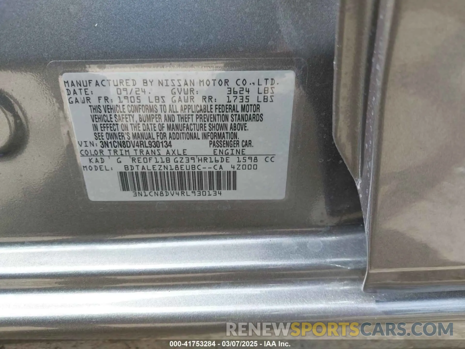 9 fotografías del automóvil dañado 3N1CN8DV4RL930134 NISSAN VERSA 2024
