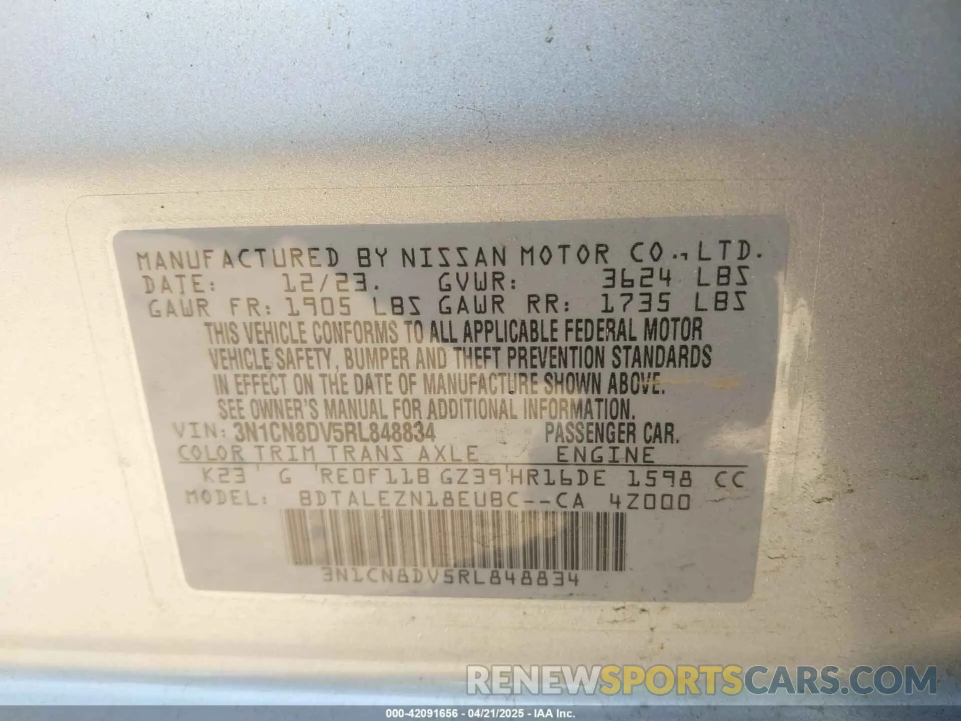 9 fotografías del automóvil dañado 3N1CN8DV5RL848834 NISSAN VERSA 2024