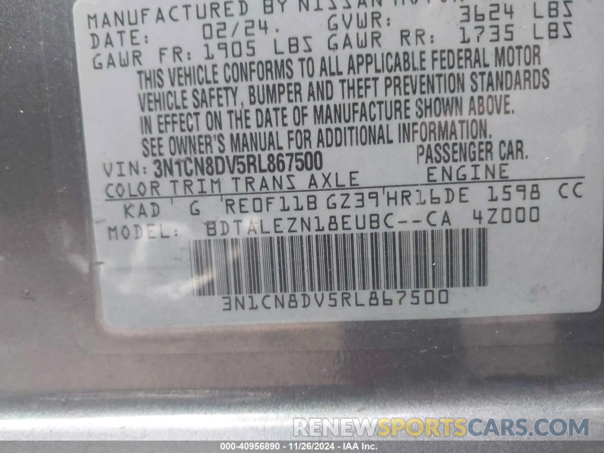 9 fotografías del automóvil dañado 3N1CN8DV5RL867500 NISSAN VERSA 2024