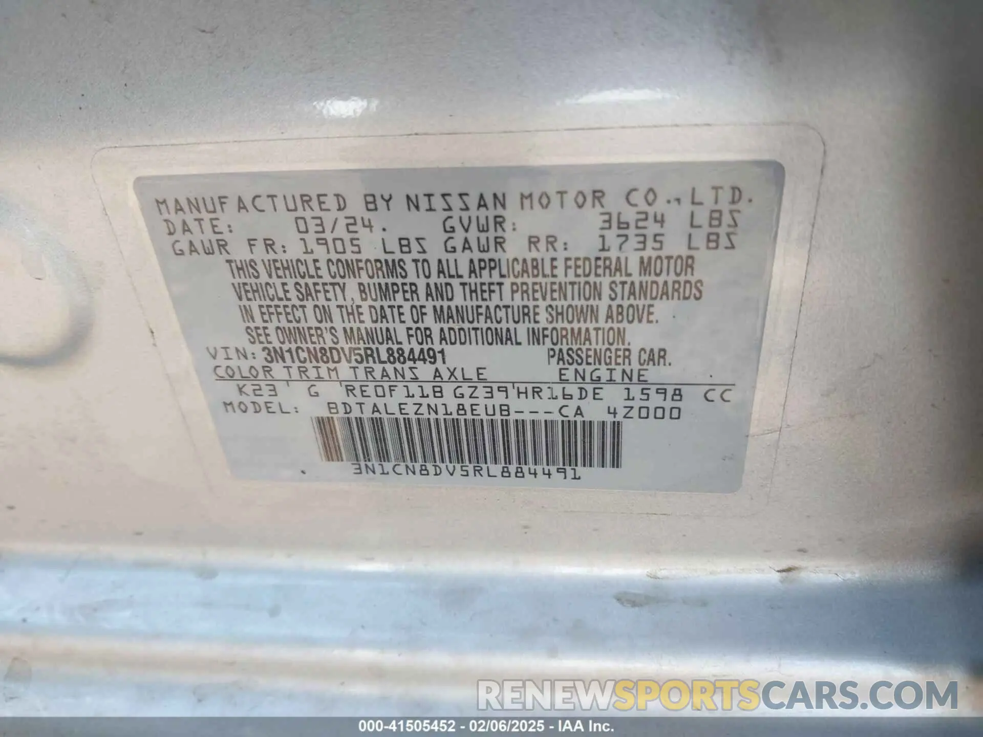 9 fotografías del automóvil dañado 3N1CN8DV5RL884491 NISSAN VERSA 2024