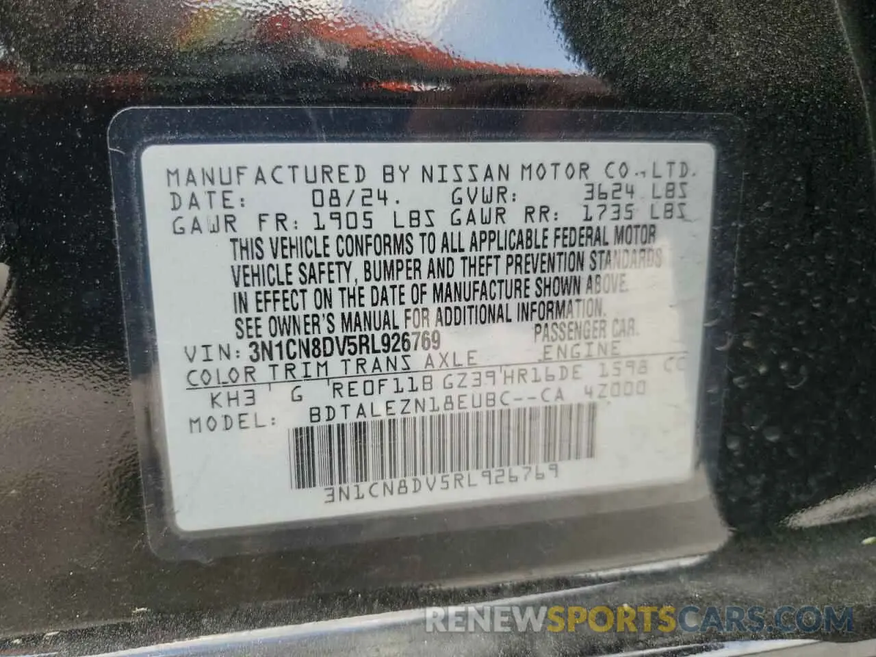 12 fotografías del automóvil dañado 3N1CN8DV5RL926769 NISSAN VERSA 2024