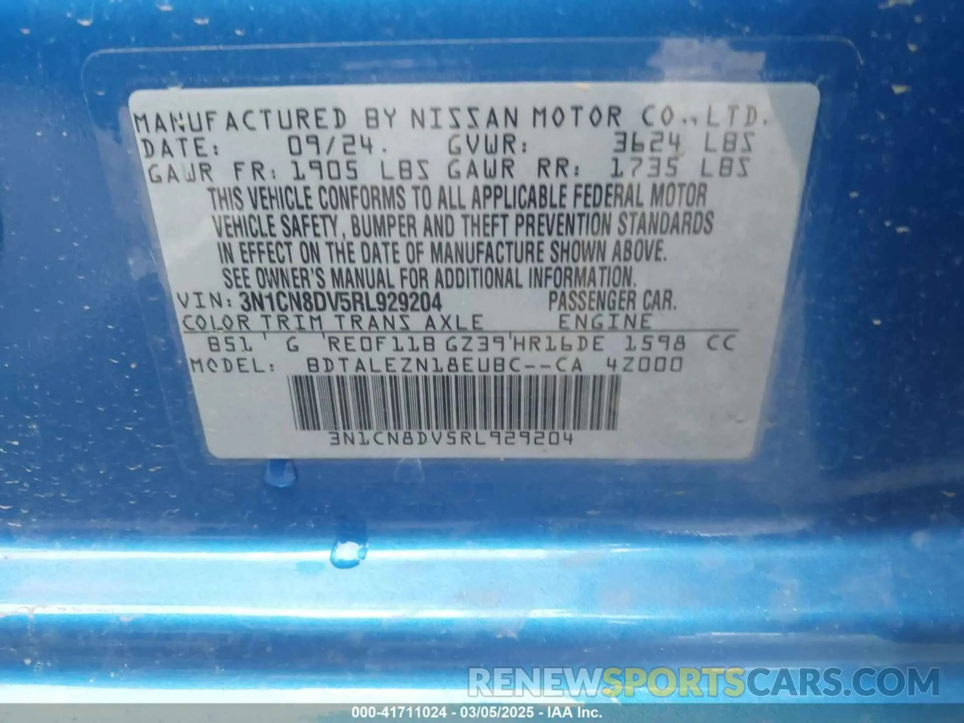9 fotografías del automóvil dañado 3N1CN8DV5RL929204 NISSAN VERSA 2024