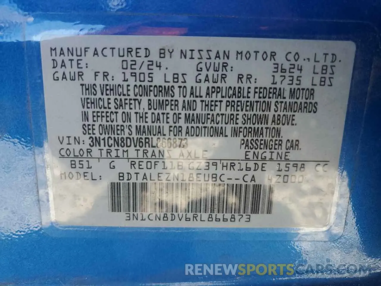 14 fotografías del automóvil dañado 3N1CN8DV6RL866873 NISSAN VERSA 2024