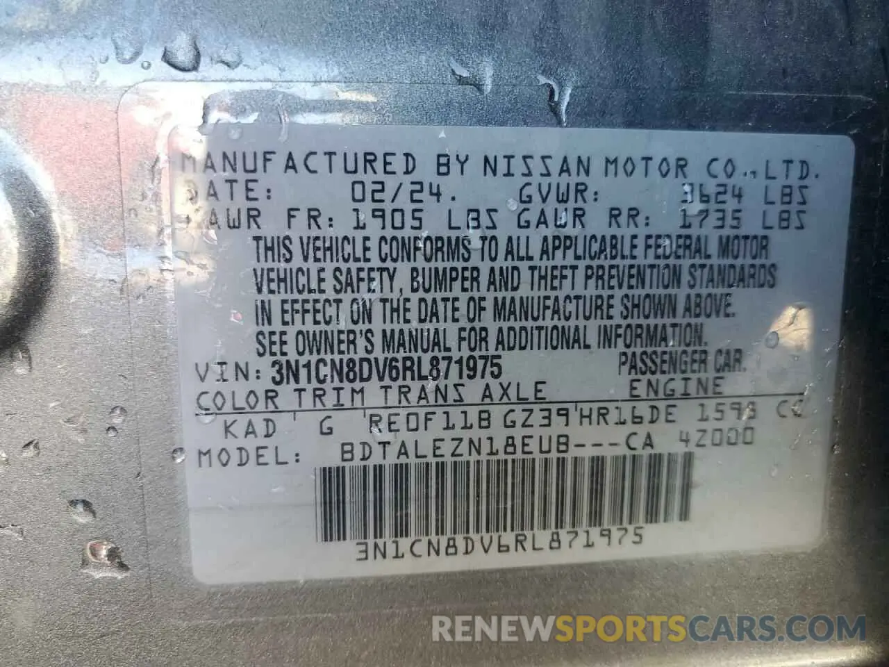 13 fotografías del automóvil dañado 3N1CN8DV6RL871975 NISSAN VERSA 2024