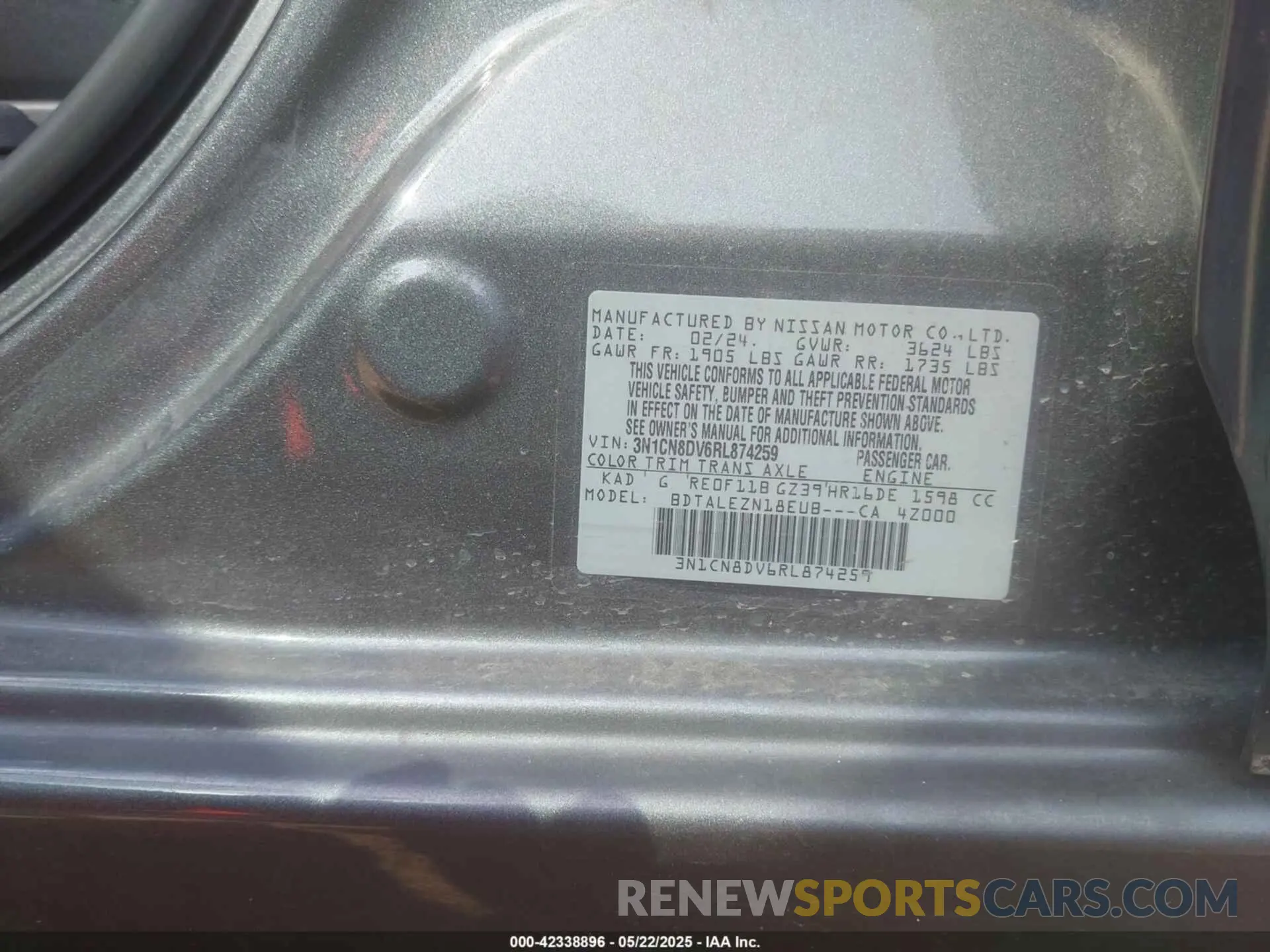 9 fotografías del automóvil dañado 3N1CN8DV6RL874259 NISSAN VERSA 2024