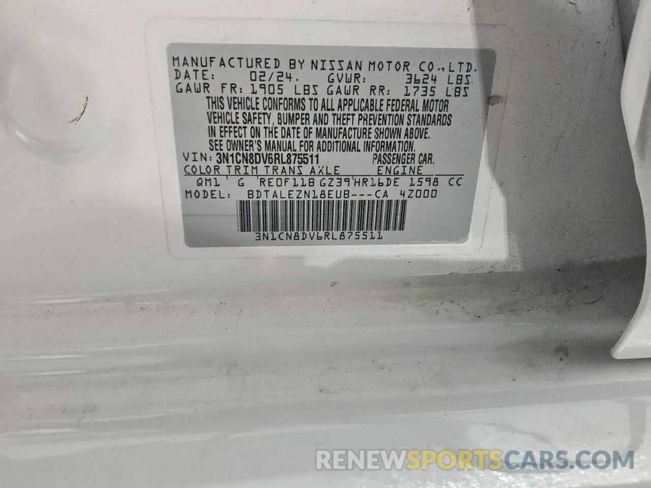 12 fotografías del automóvil dañado 3N1CN8DV6RL875511 NISSAN VERSA 2024