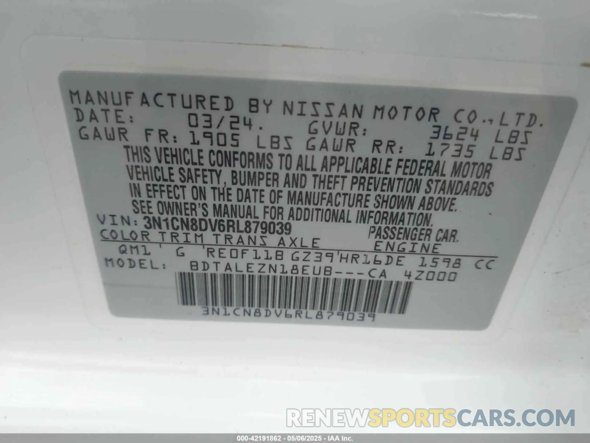9 fotografías del automóvil dañado 3N1CN8DV6RL879039 NISSAN VERSA 2024