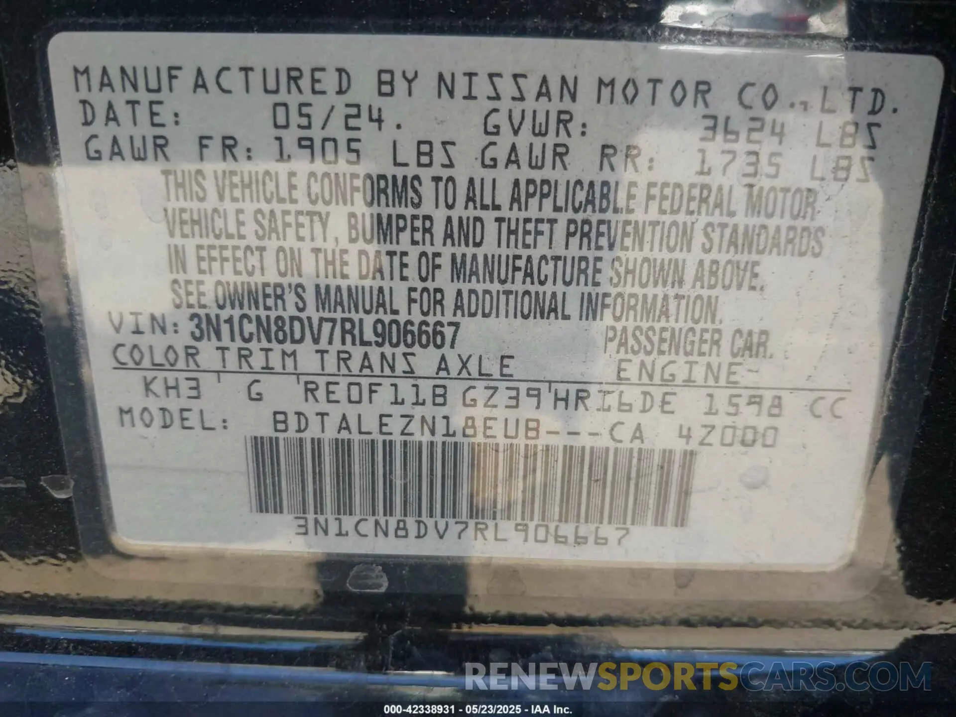 9 fotografías del automóvil dañado 3N1CN8DV7RL906667 NISSAN VERSA 2024
