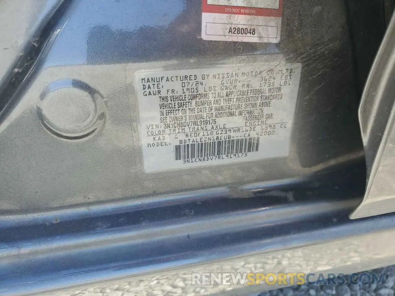 14 fotografías del automóvil dañado 3N1CN8DV7RL919175 NISSAN VERSA 2024
