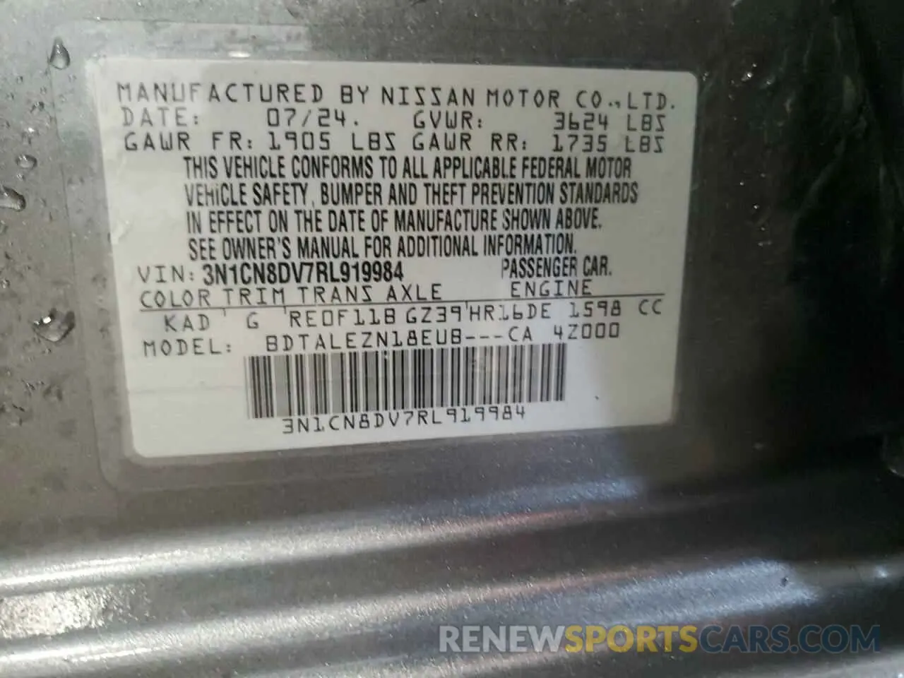 12 fotografías del automóvil dañado 3N1CN8DV7RL919984 NISSAN VERSA 2024
