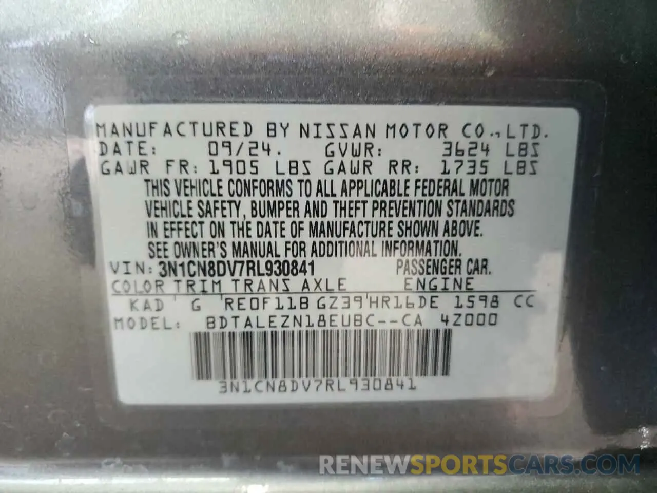 13 fotografías del automóvil dañado 3N1CN8DV7RL930841 NISSAN VERSA 2024