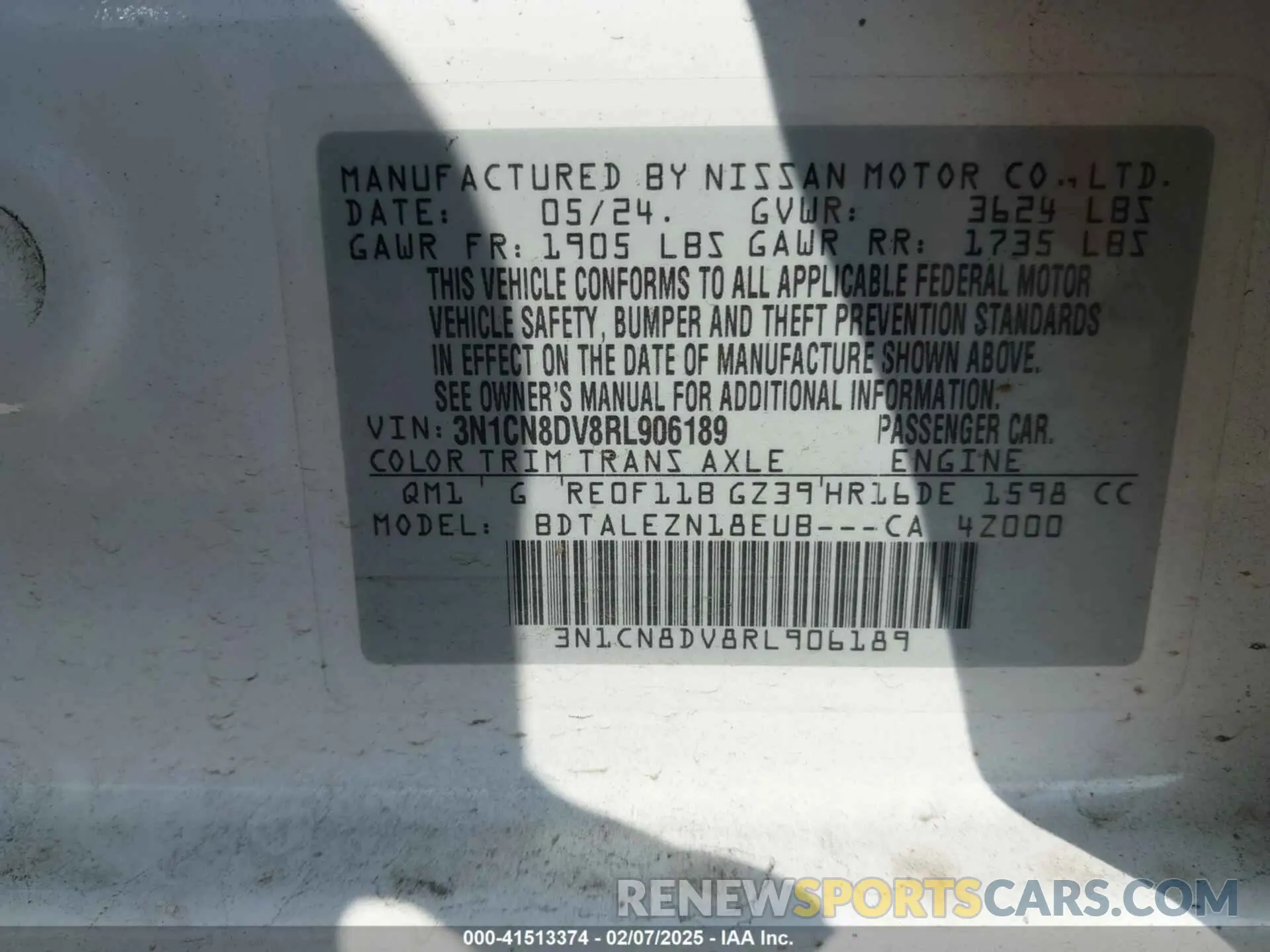 9 fotografías del automóvil dañado 3N1CN8DV8RL906189 NISSAN VERSA 2024