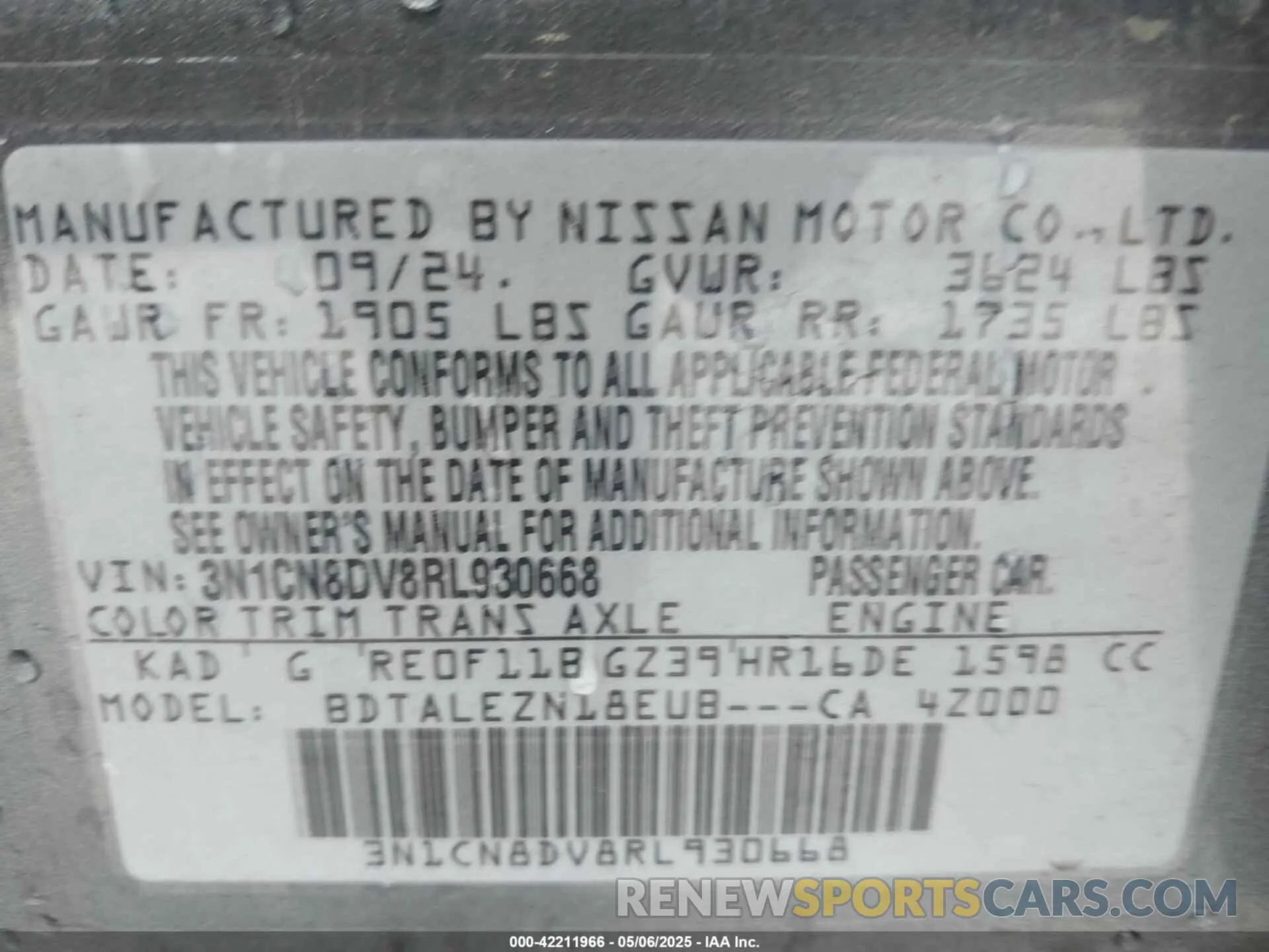 9 fotografías del automóvil dañado 3N1CN8DV8RL930668 NISSAN VERSA 2024