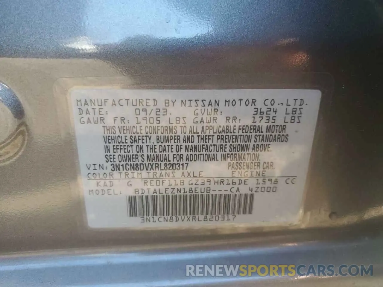 12 fotografías del automóvil dañado 3N1CN8DVXRL820317 NISSAN VERSA 2024