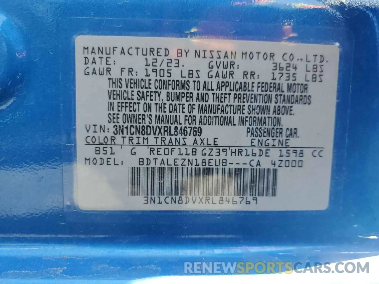 12 fotografías del automóvil dañado 3N1CN8DVXRL846769 NISSAN VERSA 2024