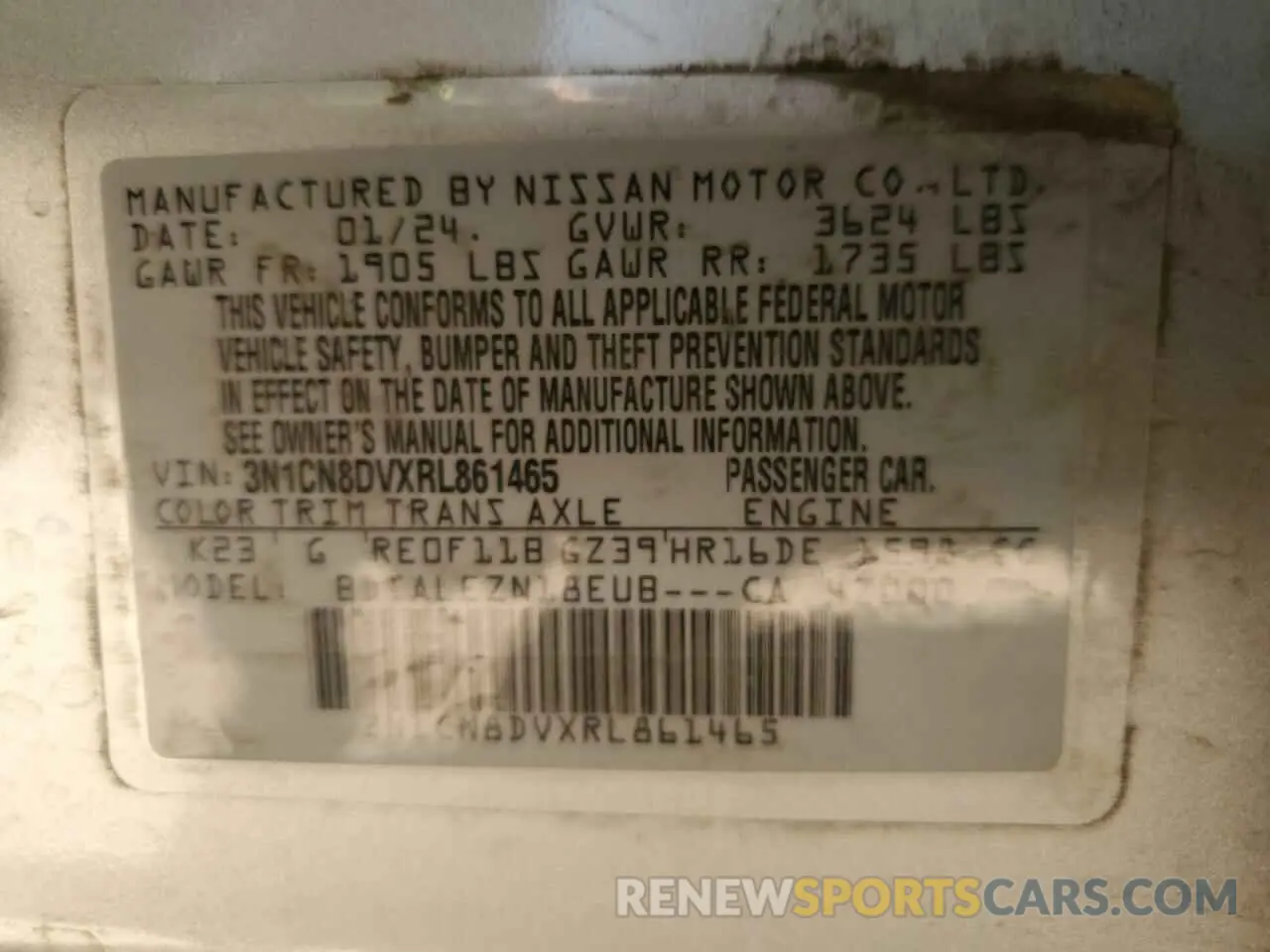 12 fotografías del automóvil dañado 3N1CN8DVXRL861465 NISSAN VERSA 2024