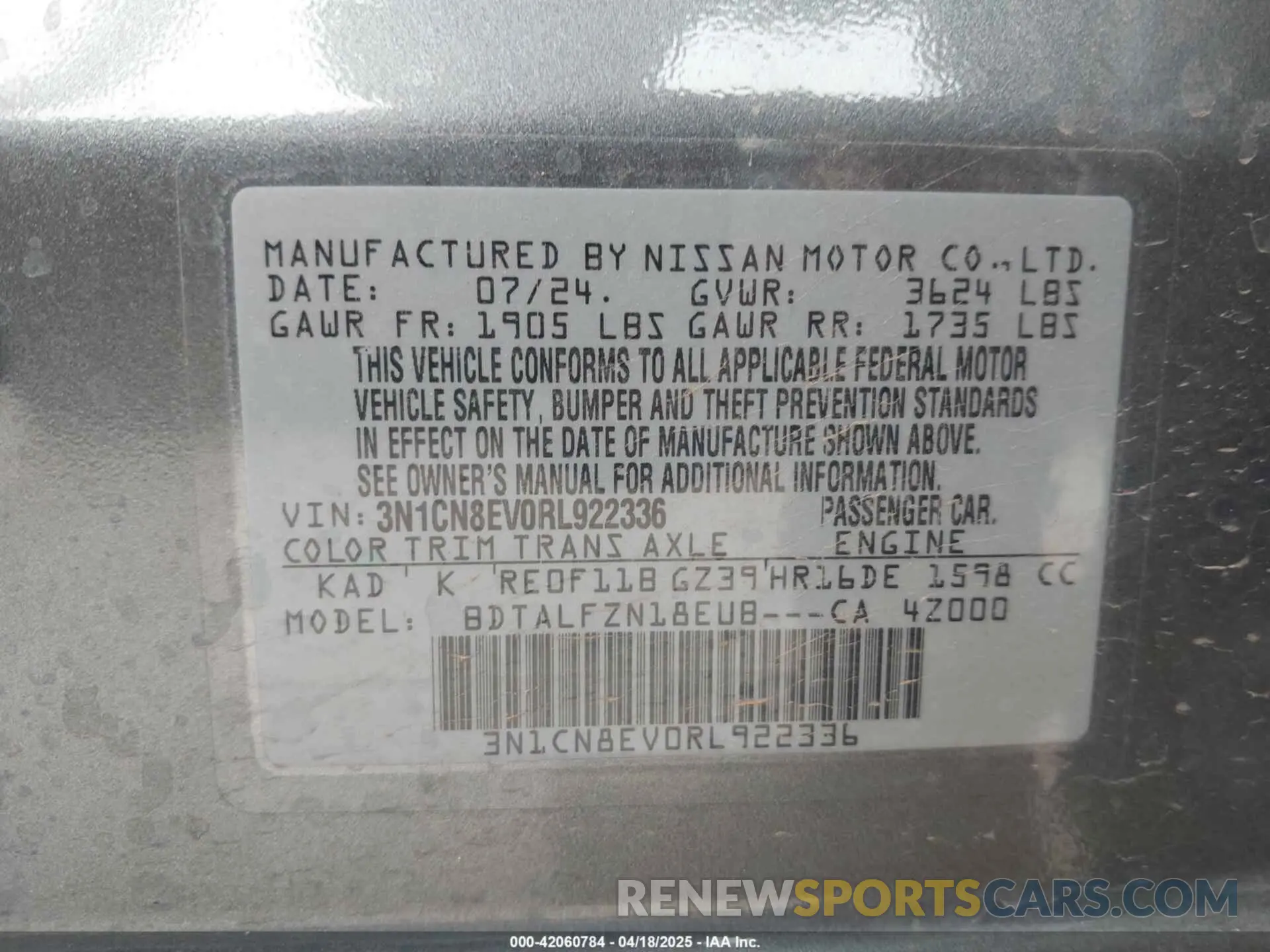 9 fotografías del automóvil dañado 3N1CN8EV0RL922336 NISSAN VERSA 2024