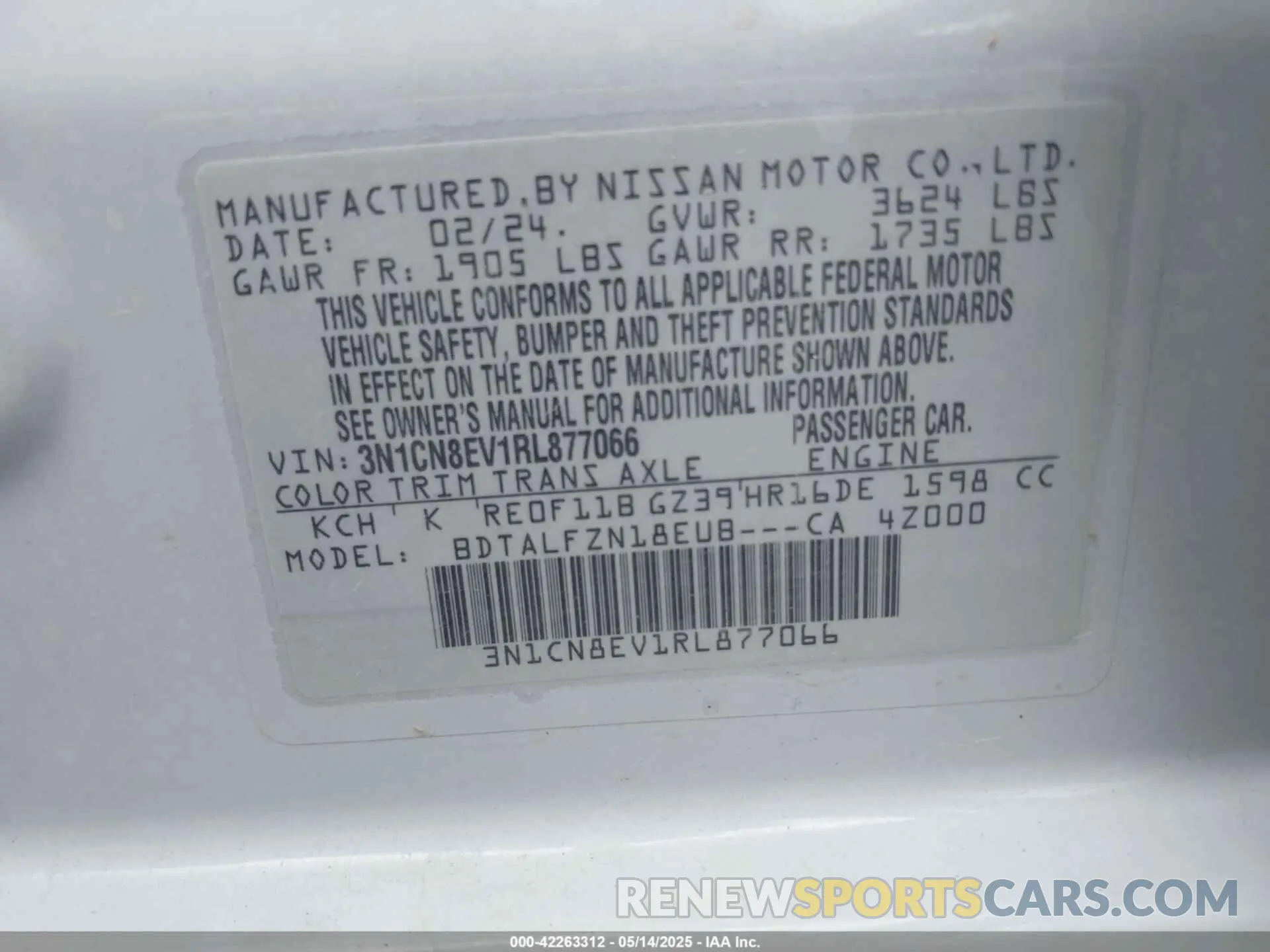 9 fotografías del automóvil dañado 3N1CN8EV1RL877066 NISSAN VERSA 2024